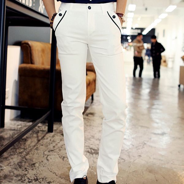 

wholesale-new spring men casual white pencil pants cotton pants shinny cargo pants with pockets for charming men dress trousers, Black