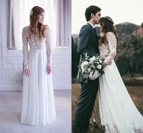 

Romantic Bohemian A Line Wedding Dresses With Sheer Long Sleeves Jewel Neck White Chiffon Spring Boho Bridal Gowns For Beach Garden