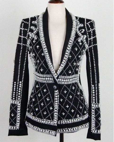 

wholesale- 2016 latest runway new fashion women's pearls handmade beads novelty long sleeve jacket luxury black outerwear, Black;brown