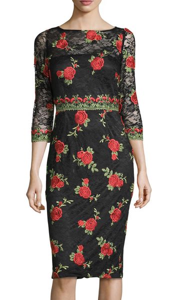 

embroidery luxury women sheath dress round neck party dresses 108a684, Black