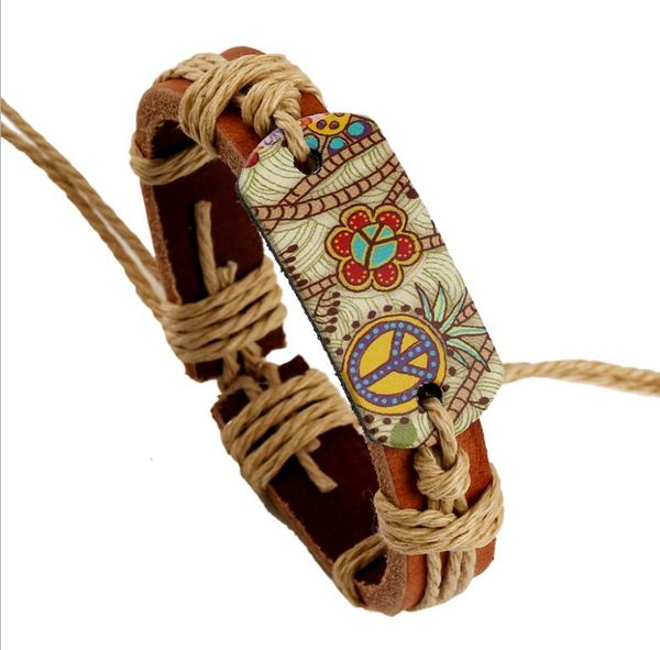 Пенькая веревка плетение плетеный кожаный браслет винтажный стиль пирографа теплопередача печатания мира знак очарование браслеты мужчин женщин