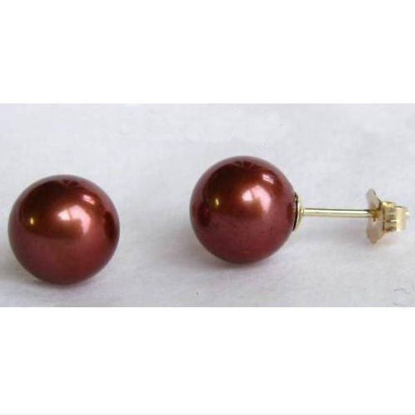 2017 Affascinanti gioielli di perle di conchiglia naturale 8mm rotondi color cioccolato orecchini di perle di conchiglia di mare 14k-20 GP Stud vendita calda nave libera E02