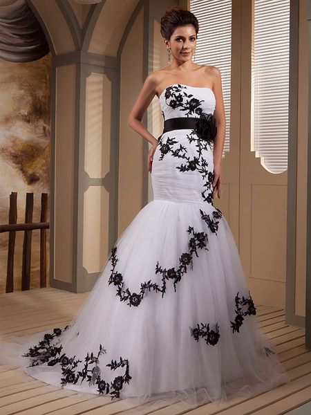 Real Picture Designer Черно-белые русалки свадебные платья свадебные платья для свадебных платьев Милая аппликация Tulle Corset Vestido de Nooiva Custom