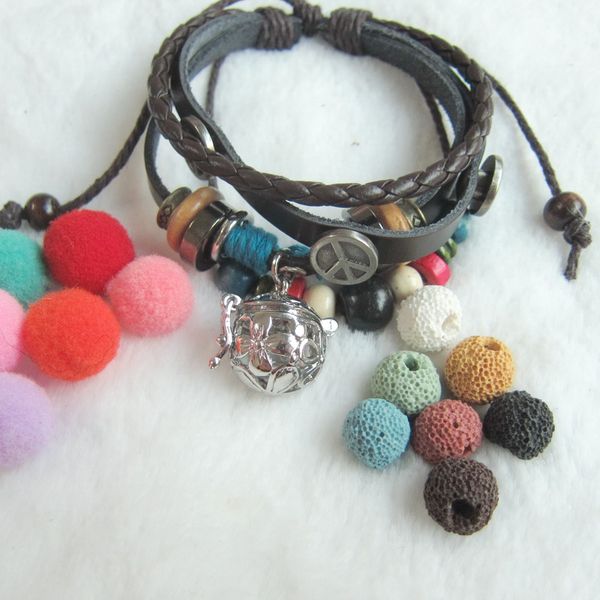 

wholesale- handmade multi bead charms diy lava bead and felt balls essential oil diffuser locket pendant leather bracelet, White