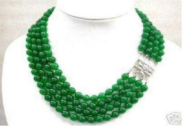 

8mm stunning pretty 4 rows green jade beads necklace 17-20", Silver