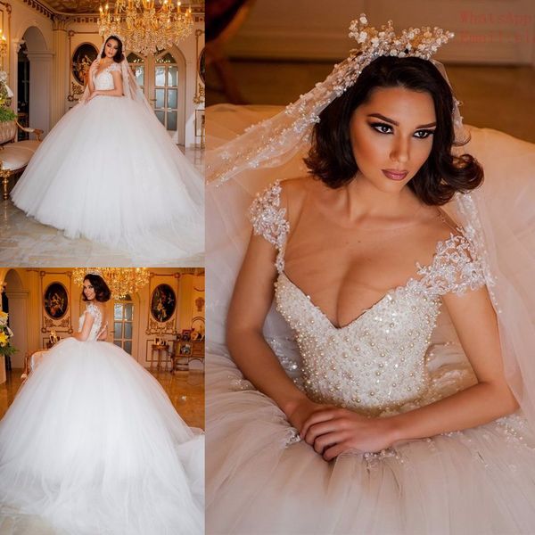 

luxurious short sleeves super ball gown wedding dresses jewel sheer chapel train with pearls beaded backless custom made vestidos de novia, White