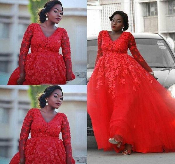 

plus size red prom dresses with long sleeves v neck lace appliques evening dresses tulle floor length formal party gown, Black