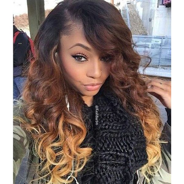 

full lace human hair wig wavy ombre color loose wave lace wig brazilian virgin hair soft natural pre-plucked hairline lace front wig, Black;brown