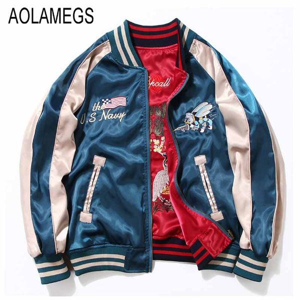 

wholesale- aolamegs japan yokosuka embroidery jacket men women fashion vintage baseball uniform both sides wear kanye west bomber jackets, Black;brown