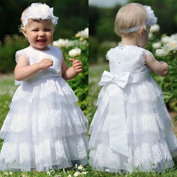 

tiered cupcake tulle first communion dresses 2017 lace appliques floor length toddler pageant flower girl dress for weddings beaded bow sash, White