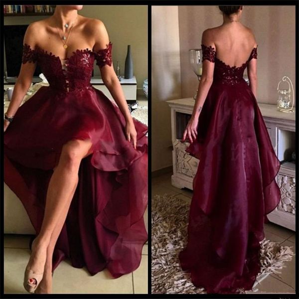 

2019 burgundy off the shoulder prom dresses appliques lace wine red high low graduation backless evening party gowns vestido de festa cheap, Black