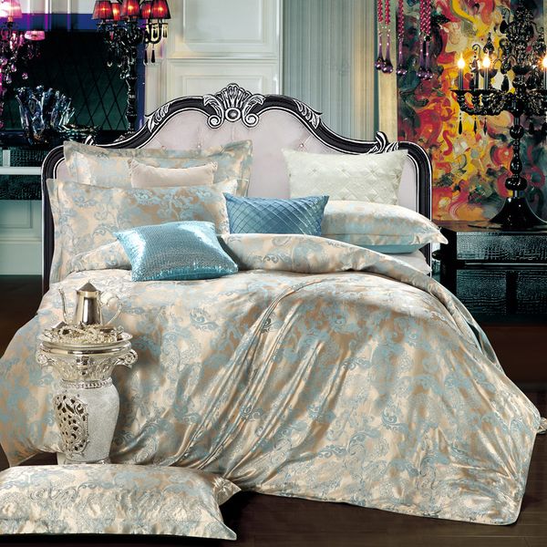 

wholesale-2016 blue silk tencel satin jacquard bed linen bedding set  king size bedclothes duvet cover set