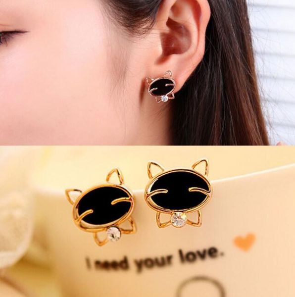 

the new fashion cute black smiling face cat diamond high-grade fine needle animal zodiac earrings 02, Golden;silver