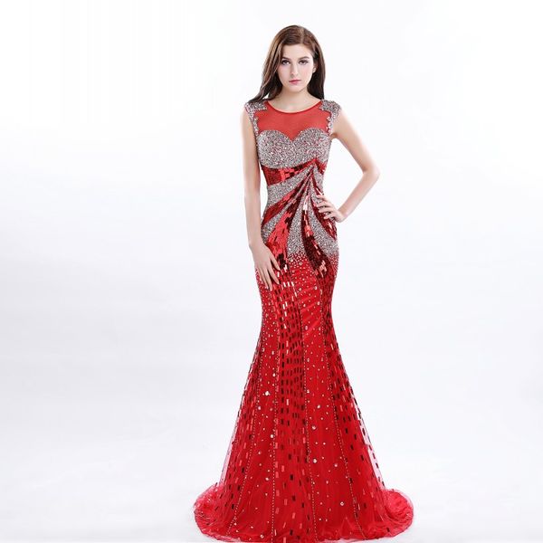 

elegant sweetheart sweep train evening dress diamond shoulder sequin mermaid prom dresses see through zipper back custom made formal dress, Black;red