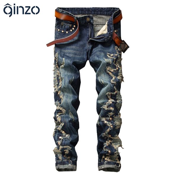 

wholesale- men's fashion rivet patch slim straight denim jeans casual patchwork holes ripped pants long trousers, Blue