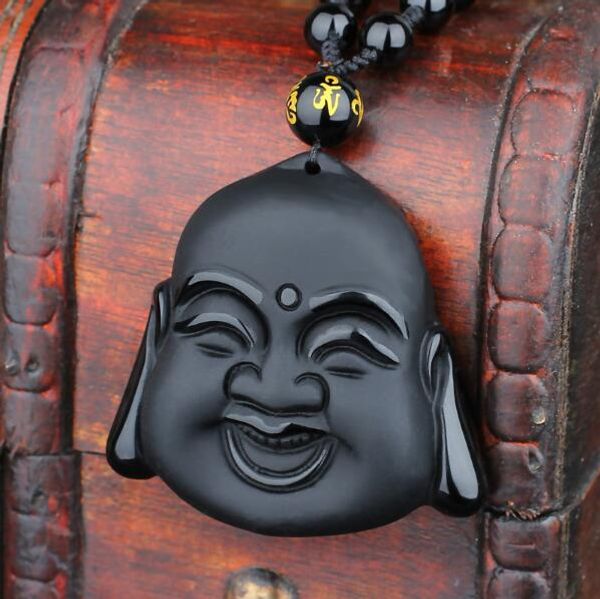 

zhf jewelry 100% natural black obsidian carving maitreya buddha head pendant women men's lucky amulet jewelry pendants with beads neckl, Silver