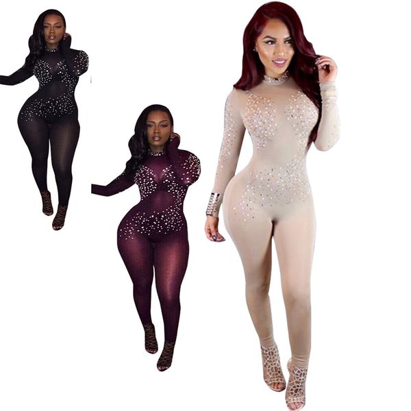 Atacado- Sexy ver através de jumpsuit club bandagem mulheres negras malha macacões de manga longa festa bodysuit de alto corte bodycon lantejould