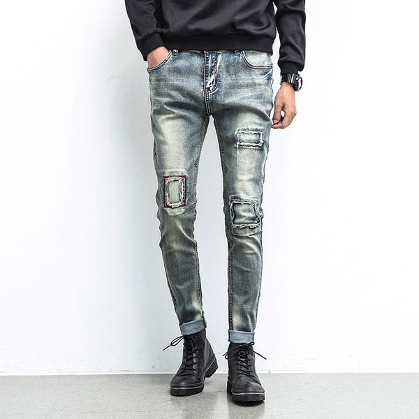 

wholesale-new style patchwork mens jeans straight regular fashion small straight mens jeans brand clothing cotton mens jeans china, Blue