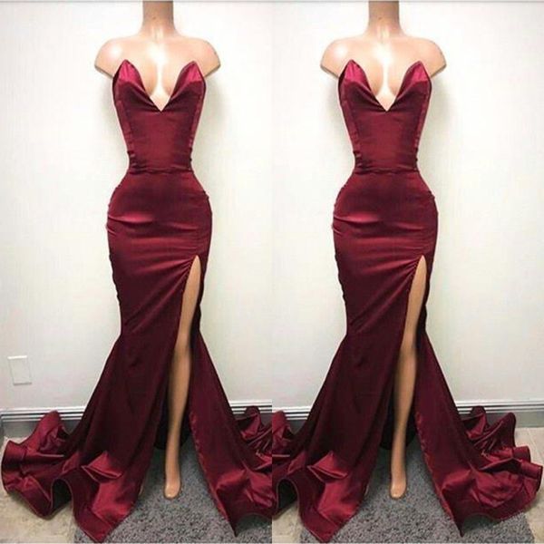 

2019 burgundy mermaid prom dre e backle weetheart high plit long evening gown ruched celebrity holiday african party gown