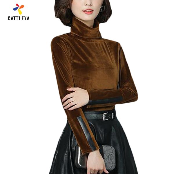 

wholesale- 2017 new pu winter velvet shirt female fashion long sleeve t-shirt vintage velour casual slim turtleneck red velvet, White