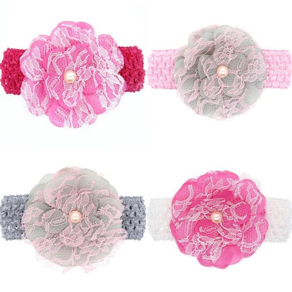 

new europe fashion baby headband infant kids lace chiffon flower bowknot hairband elastic headwear children hair accessory 4 colors a53, Slivery;white