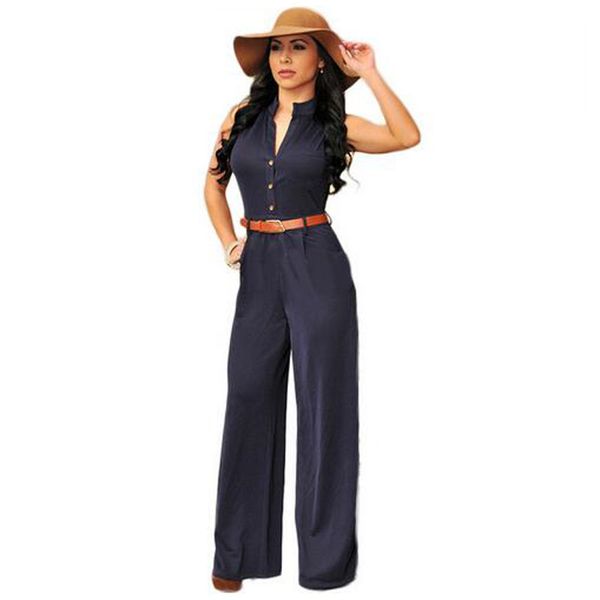 

new fashion women's spring summer sleeveless jumpsuits deep v neck elegant long loose pants rompers pockets jumpsuits with belt yd2197, Black;white