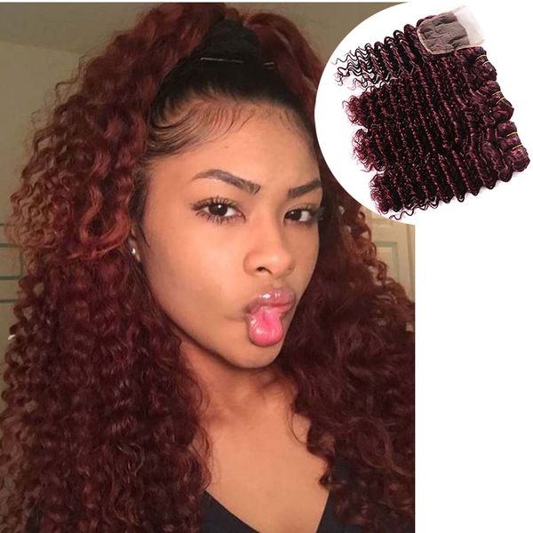 

brazilian human real hair bundles with closure lace frontal full head deep wave frizzy dark wine red weave burgundy wavy hair extension 20&q, Black;brown