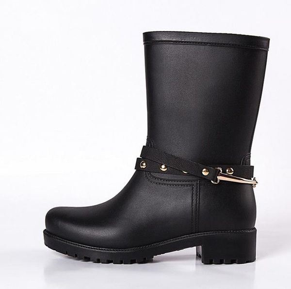 

new women fashion pvc mid-calf rain boots flat heels non-slip rainboots waterproof water shoes wellies with buckle, Black
