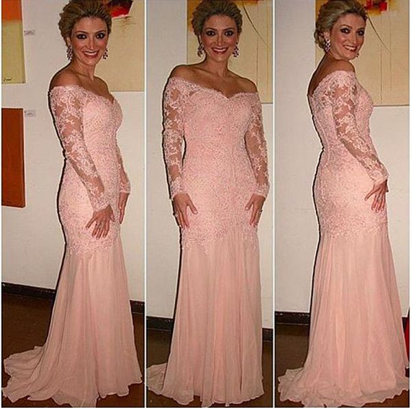 

chiffon off-the-shoulder neckline mermaid formal dresses with beaded lace appliques long sleeves blush mother of the bridal dress, Black;red