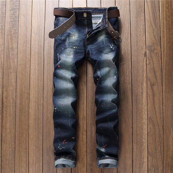 

wholesale- 2017 new colour painting designer jeans men denim pencil slim fit jeans size 28 to 38 gray and blue brand clothing good quality