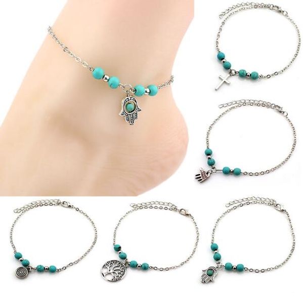 

fashion natural stone turquoise bead cross life of tree hand charm anklets for women foot bracelet jewelry e0028, Red;blue