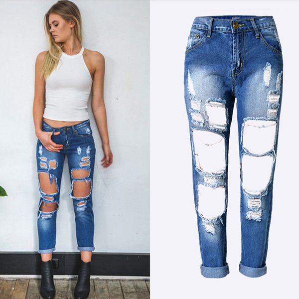 

wholesale- brandwen boyfriend hole ripped jeans pants new fashion skinny pencil cowboy trousers women vintage wash denim vaqueros mujer, Blue
