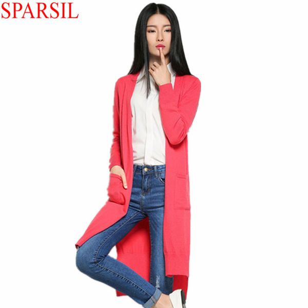 

wholesale-sparsil womens cashmere blend sweater full sleeve solid color hem split collect waist long style slim cardigans with pockets, White;black