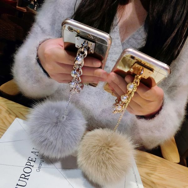 

for iphone 5s 6 6s 7 8 plus X Luxury Fashion Cute pearl Chain Tassel fox puff pompoms fur ball soft mirror case cover