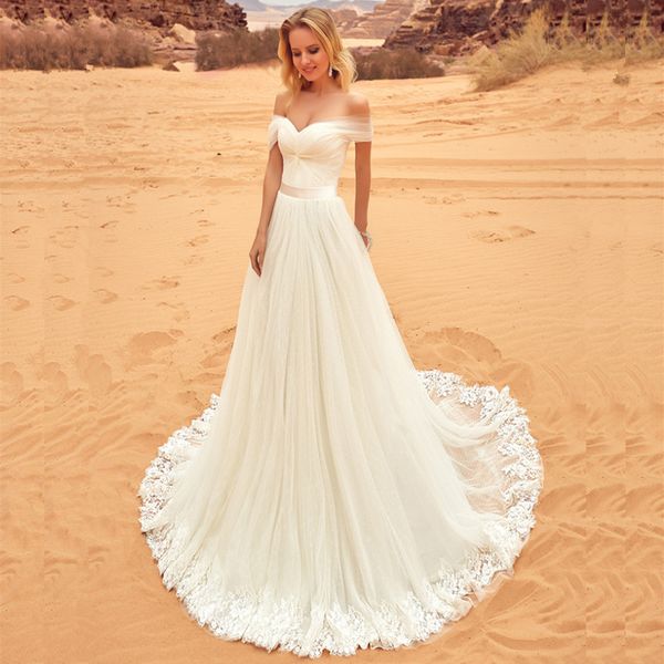 

свадебные платья из тюля с открытыми плечами 2019 new vestidos de noiva a-line однотонные плиссированные кружевные свадебные платья в богемн, White