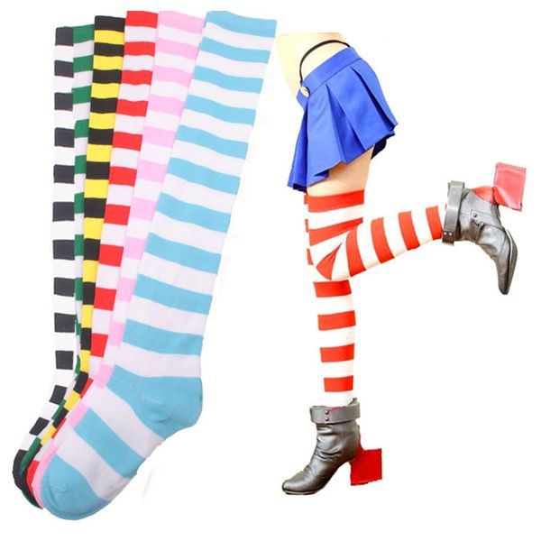 Großhandels-Frauen-Socken-Art- und Weiseneue gestreifte OBERTEIL-HOHE Kniestrümpfe Mädchen-Frauen-Halloween-Cosplay Freeshipping heißes 2016