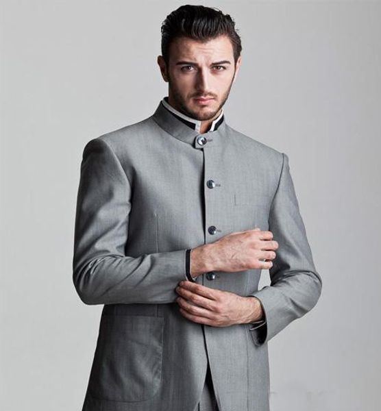 Toptan-2014 Yeni Özel Beş Düğme Gri Damat Smokin Standı ROUD Yaka Groomsmen Erkekler Düğün Damat Suit (Ceket + Pantolon + Kravat)