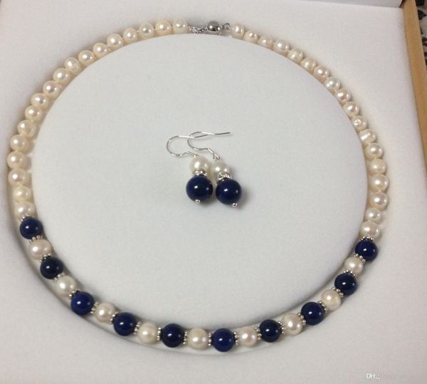 

charmingwhite akoya cultured pearl/lapis lazuli necklace earrings set a23, Black