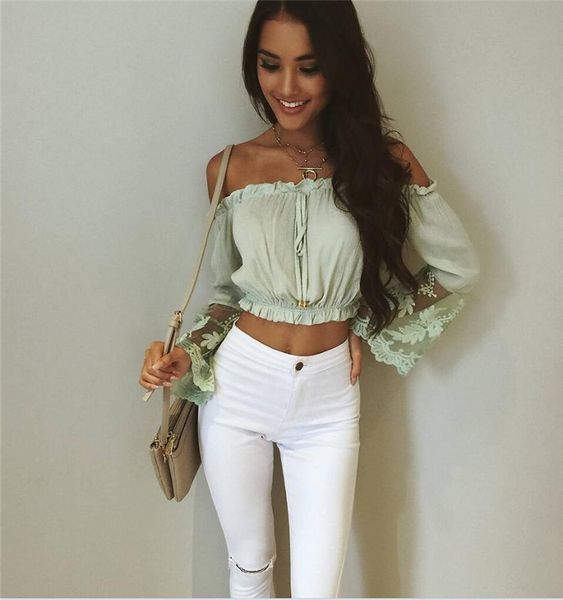 

2017032122 летняя блузка женщины Слэш шеи кружева лоскутное длинные Flare рукавом blusas же