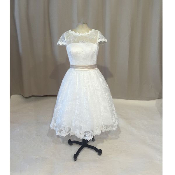 

real image short lace wedding dress new cap sleeve a line champagne sash bridal gowns custom made transparent tea length, White