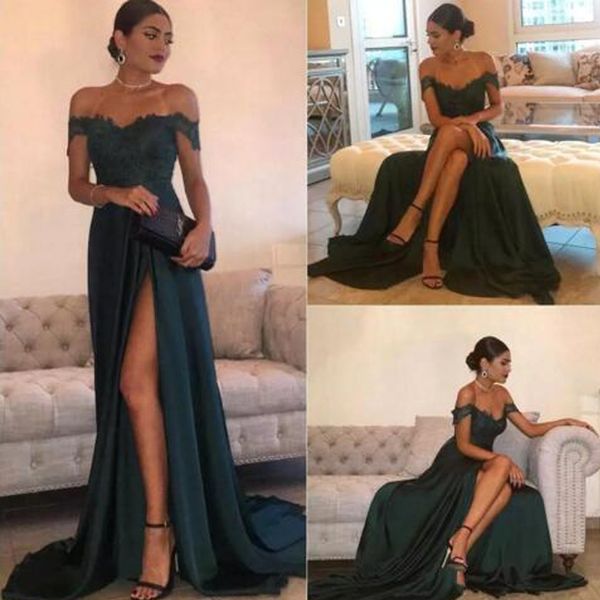 Dunkelgrünes, sexy Ballkleid, A-Linie, Chiffon, schulterfrei, hohe Seite, geteilte Spitze, elegantes langes Abendkleid, formelles Kleid, Gastkleid