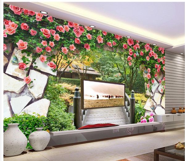 

popular flower buds brick wall arches wooden bridge landscape wallpaper for walls 3 d for living room