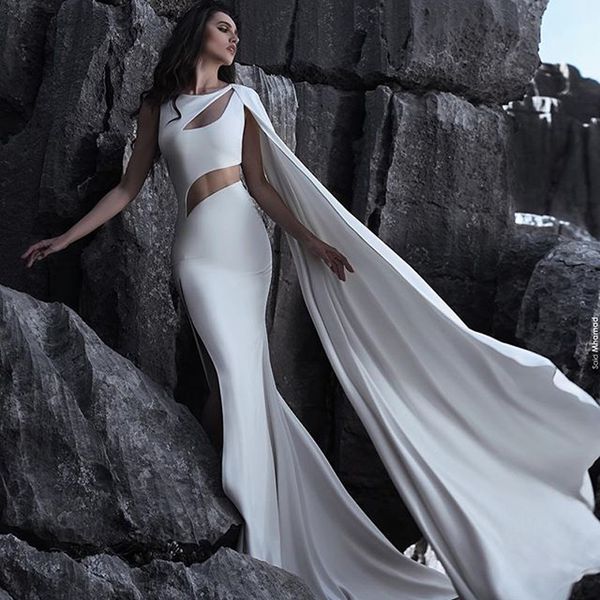 

special design split mermaid evening dresses white cutaway sides prom dress with long wrap sweep train custom made formal dress, Black;red