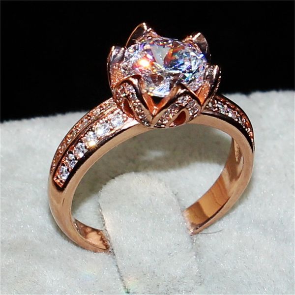 Урожай форма лотоса 100% silod стерлингового серебра 925 розового золота 2ct круглый имитация бриллиантовое кольцо палец обручальные кольца для женщин