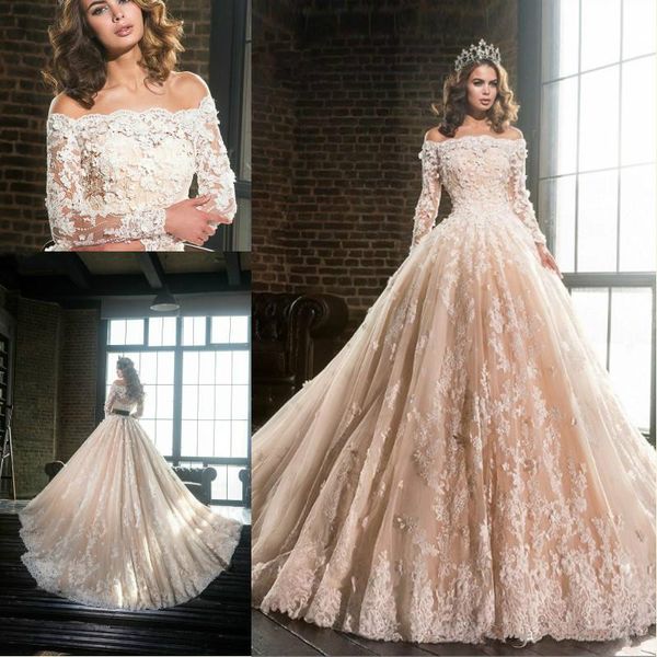 

gorgeous illusion bateau neck flower wedding dresses sheer long sleeve lace plus size tulle saudi african bridal gowns ball formal custom, White