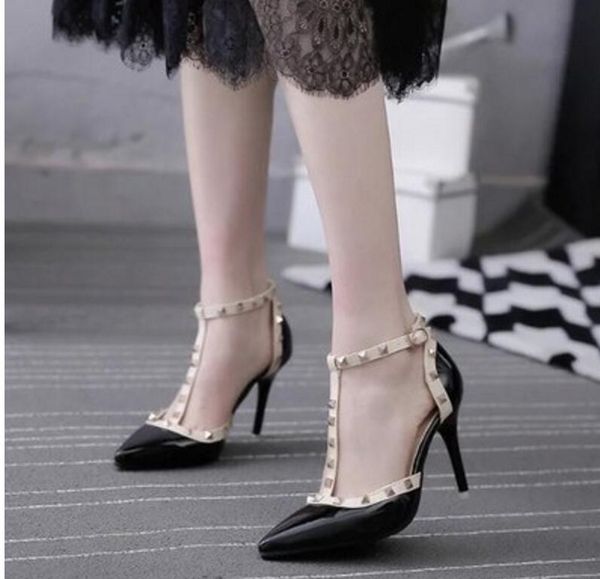 

sell 2020 summer new women high heels t buckle pointed rivet sandals women rivet shoes size 34-40, Black