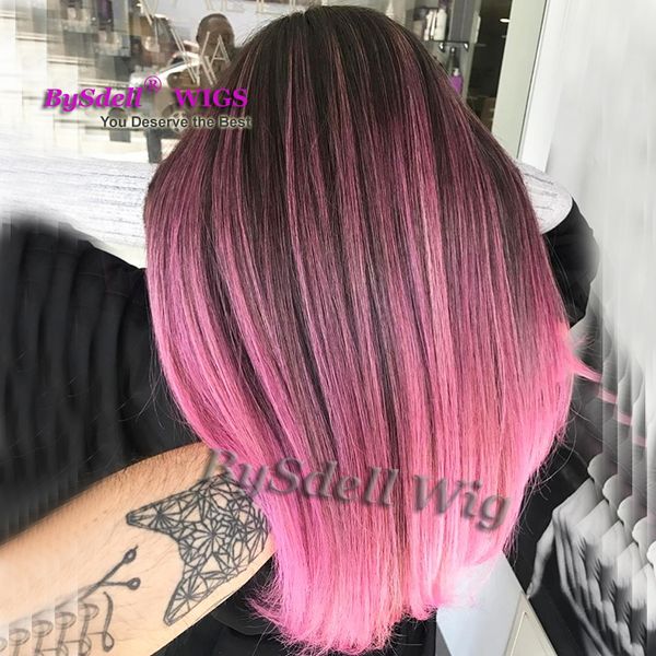 New Mermaid Highlight Color Wig Synthetic Wigs Online Black Roots Ombre Pink Hair Colour Neat Bang Fringe Style Wigs For Black White Women Canada