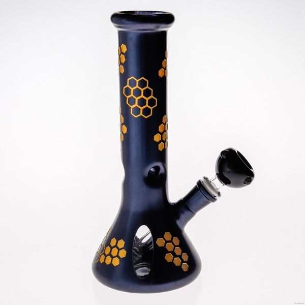 

10 дюймов Черный и золотой Beaker стекла Бонг с 14.4mm Совместным Zize Подумайте Honeycomb Drawing кальян для курения Бонги Recycler нефтяных вышек