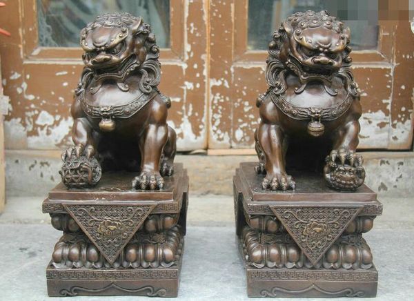 

18 quot china pure copper bronze feng hui guardian door fu foo dog lion tatue pair