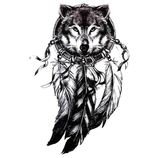 Acheter Tête De Loup 3d Noir Autocollant De Tatouage Femmes Hommes 3d Body Art Loup Dreamcatcher Plume Indienne Bras De Fleur Autocollant De Tatouage